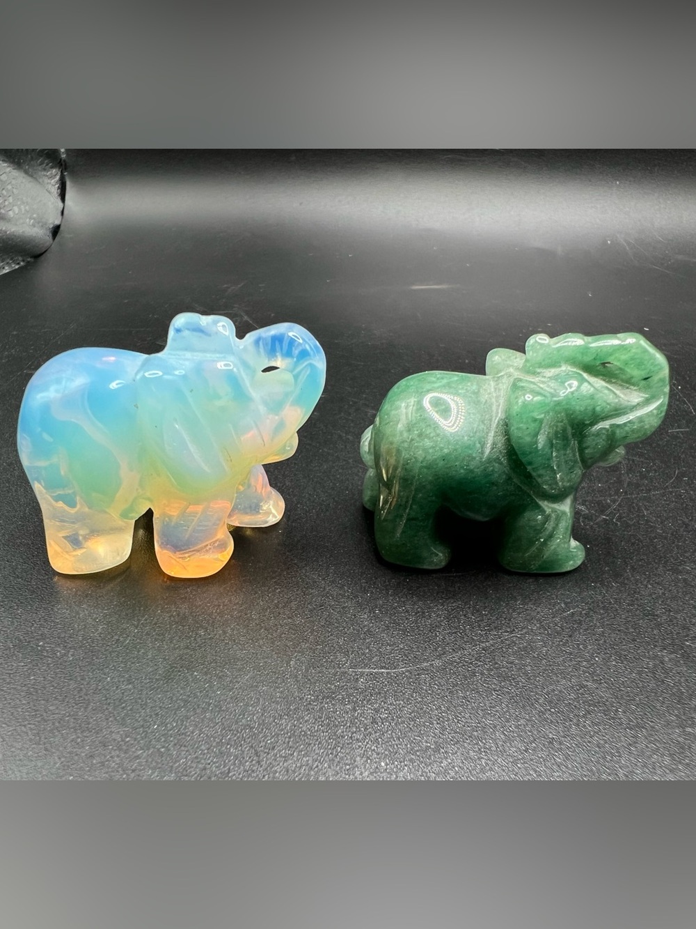 Lot of 2 Carved Stone Elephant Figurines Opalite & Green Aventurine Crystal 1.5”